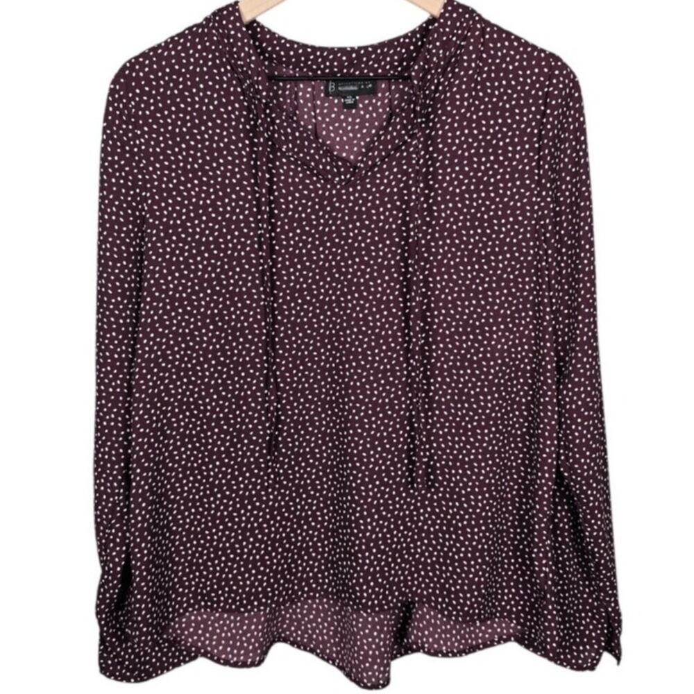Bobeau Plum Polka Dot Peasant Blouse Tie Neck Boho Top Size XS